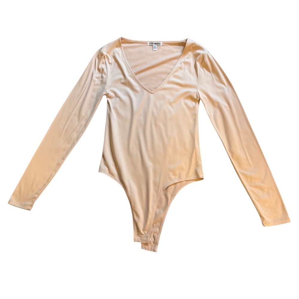Steve Madden Bodysuit Medium Champagne Long Sleeve V Neck Soft Casual‎ Top NWOT